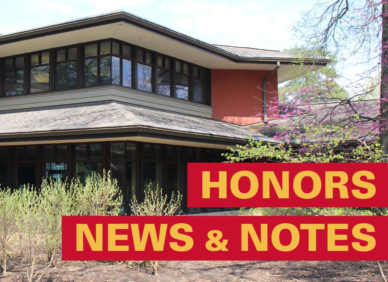 Image of Jischke Honors Building with "Honors News & Notes" written overtop it.