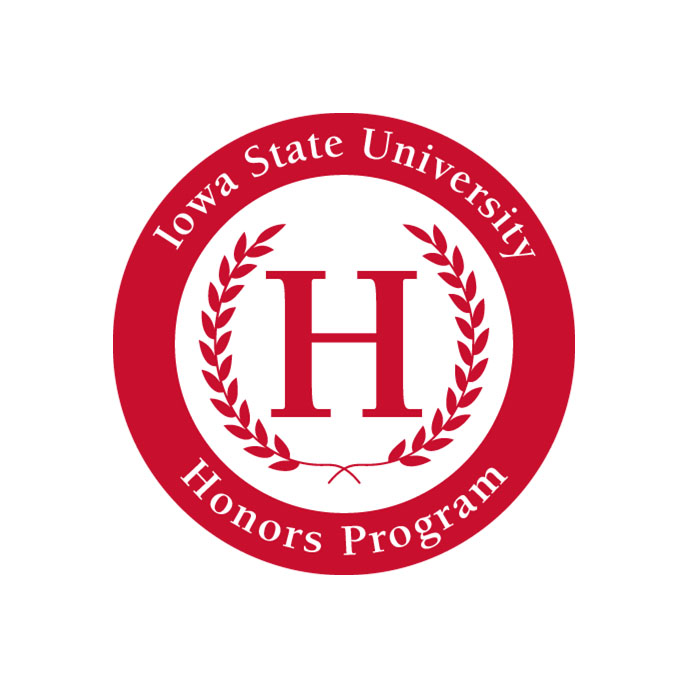 Iowa State University Honors Program red graphic with a ribbon of leaves surrounding an "H"