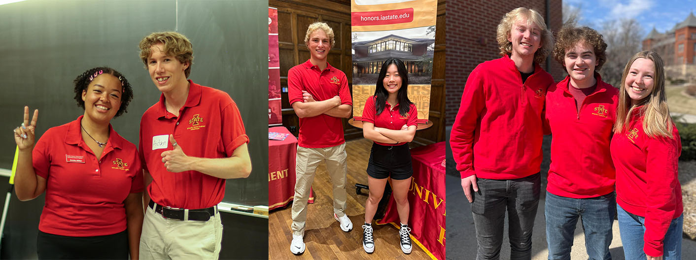 Three photos lined up together with seven honors student leaders and undergraduate ambassadors in their ISU red polo shirts.