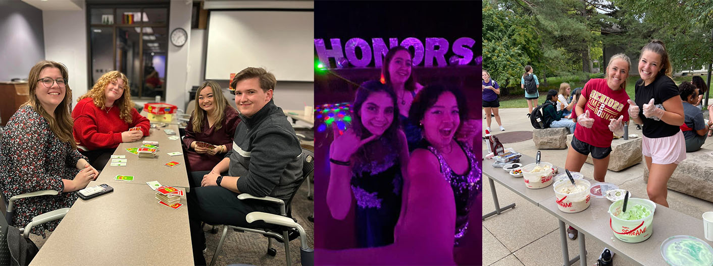 A collage of images depicting honors students having a game night in Jischke, attending the honors ball, and the HSB ice cream social.