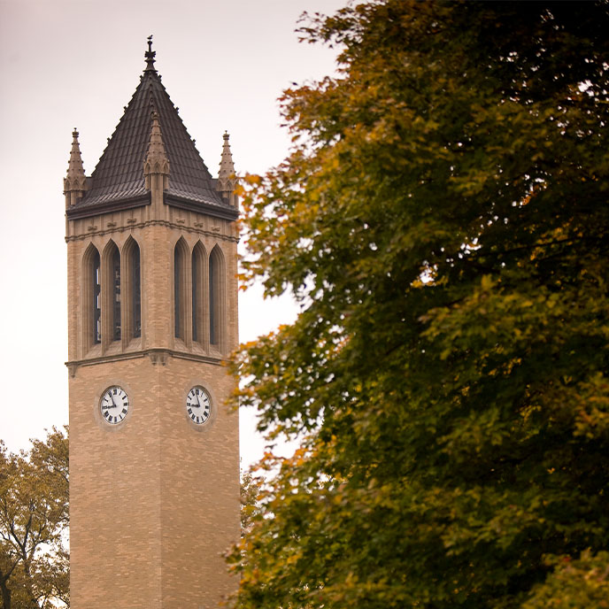 Image of the ISU Campanile with a green tree framing it.