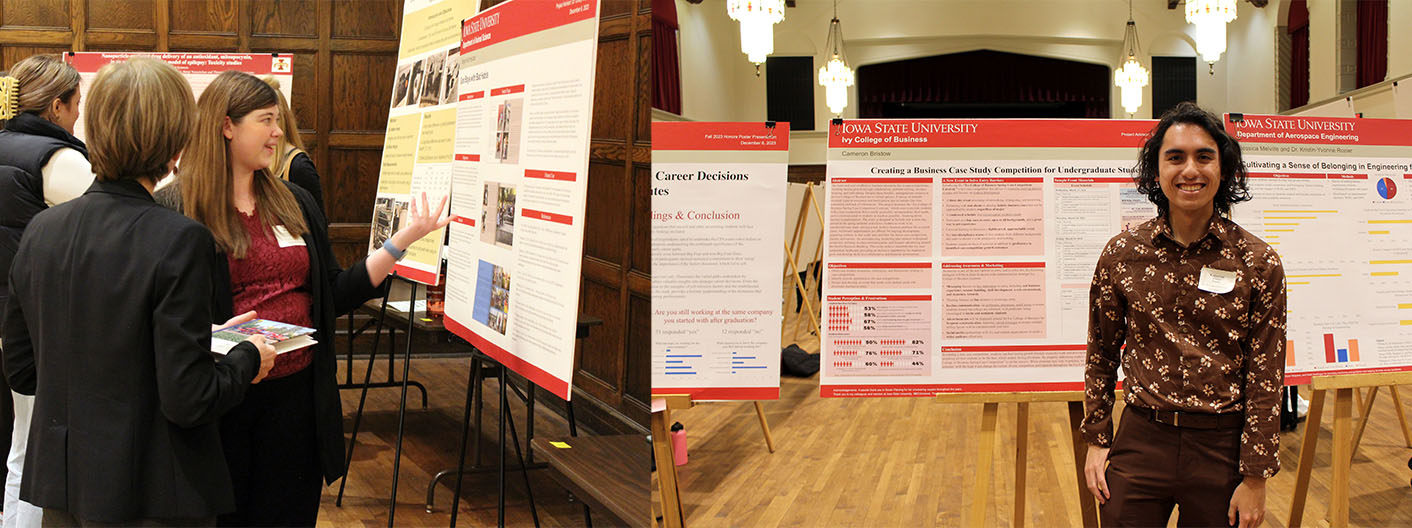 Female honors student (left) and male honors student (right) presenting their honors projects at the 2023 poster session.