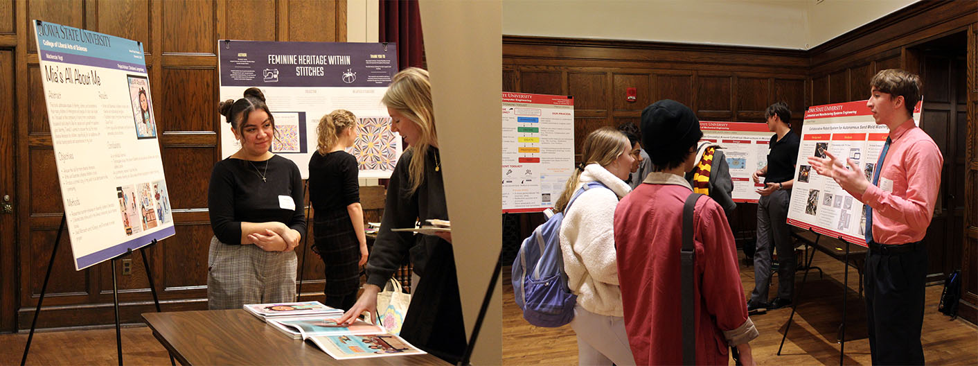 (Left) Female honors student (right) male honors student both presenting their research at the fall 2023 poster session.