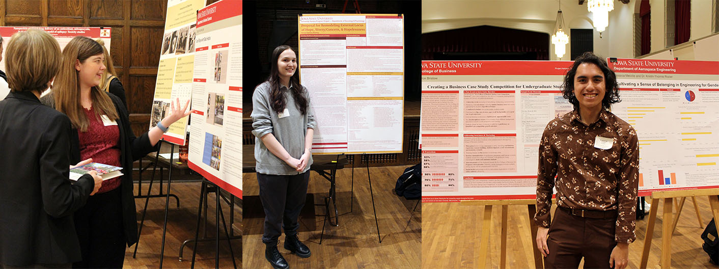 Collage image of three honors students presenting at the Fall 2023 Poster Session.